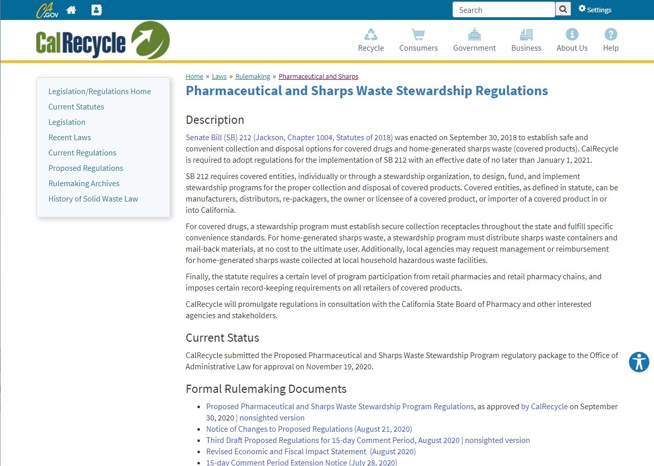 SB212 | Pharmaceutical and Sharps Waste Stewardship Regulations