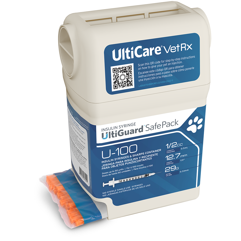 UltiCare VetRx UltiGuard Safe Pack U-100 Insulin Syringes 1/2 mL/cc 12.7mm (1/2") x 29G