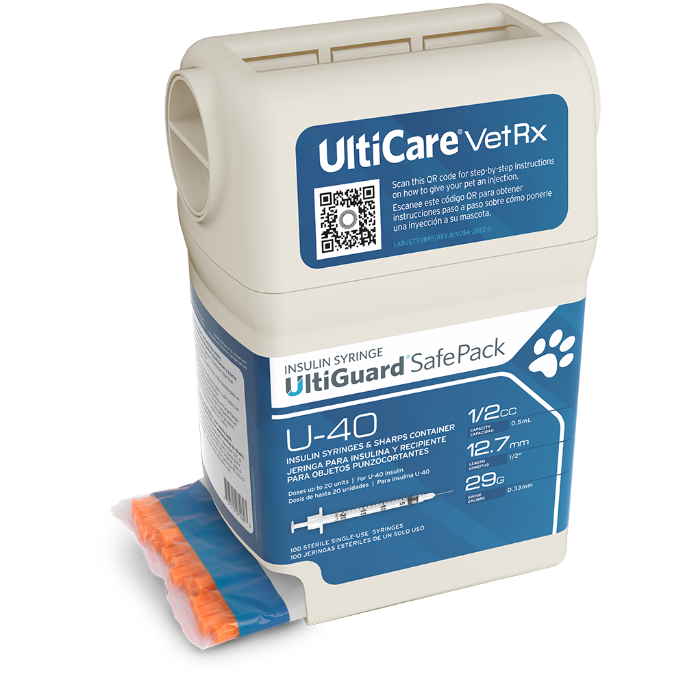 UltiCare VetRx UltiGuard Safe Pack U-40 Insulin Syringes 1/2 mL/cc 12.7mm (1/2") x 29G