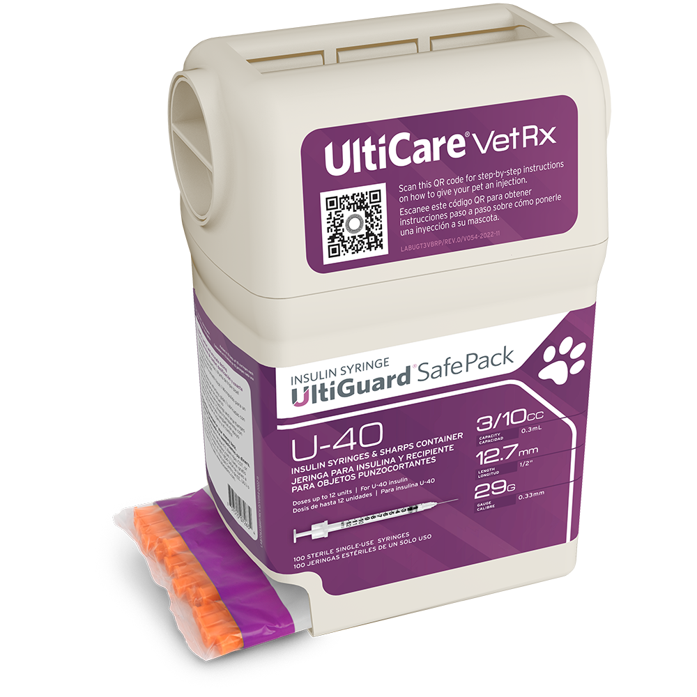UltiCare VetRx UltiGuard Safe Pack U-40 Insulin Syringes 3/10 mL/cc 12.7mm (1/2") x 29G