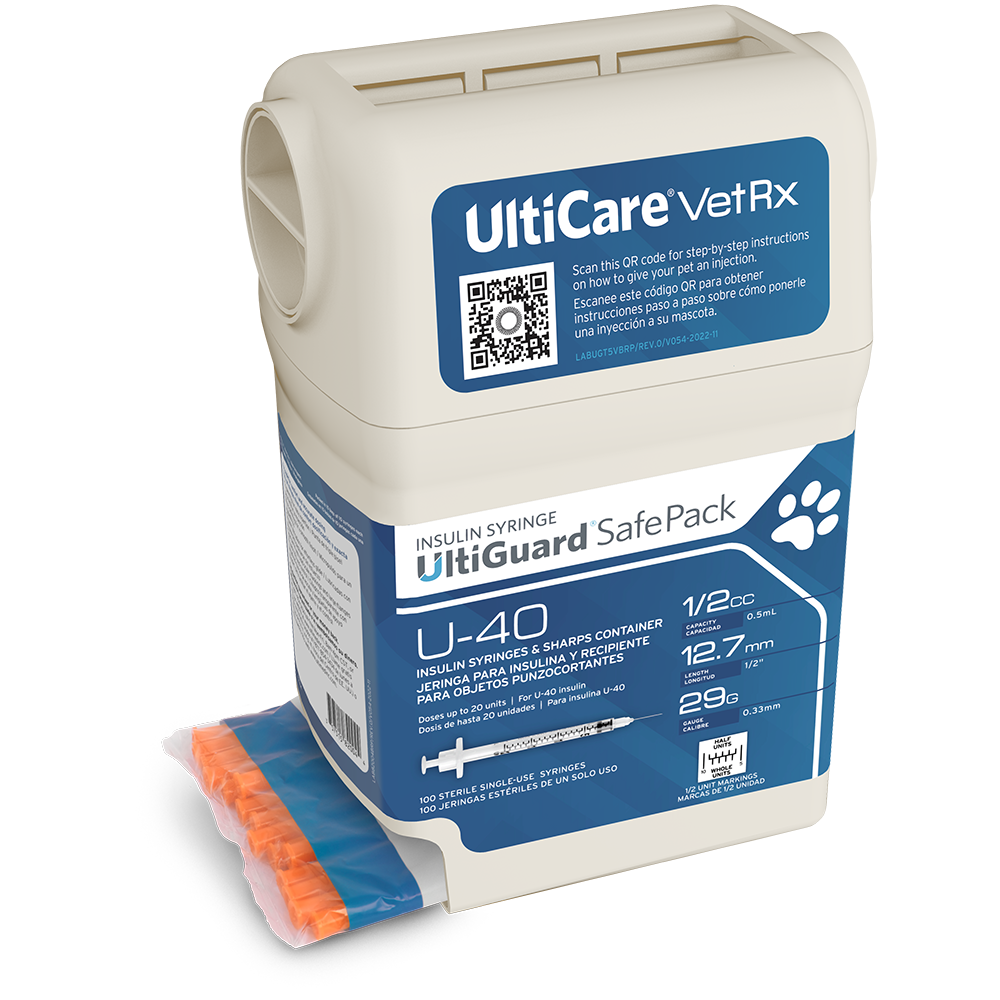 UltiCare VetRx UltiGuard Safe Pack U-40 Insulin Syringes 1/2 mL/cc 12.7mm (1/2") x 29G Half Unit Marking