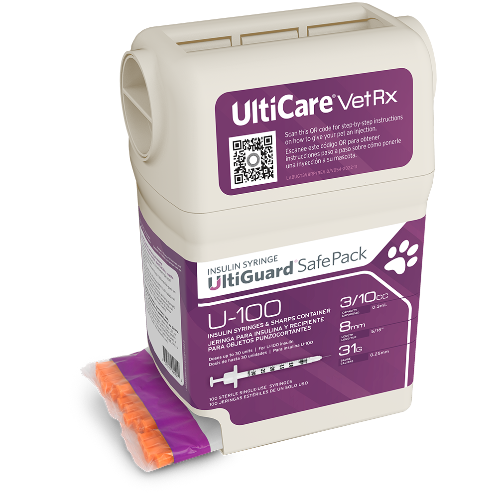 UltiCare VetRx UltiGuard Safe Pack U-100 Insulin Syringes 3/10 mL/cc 8mm (5/16") x 31G