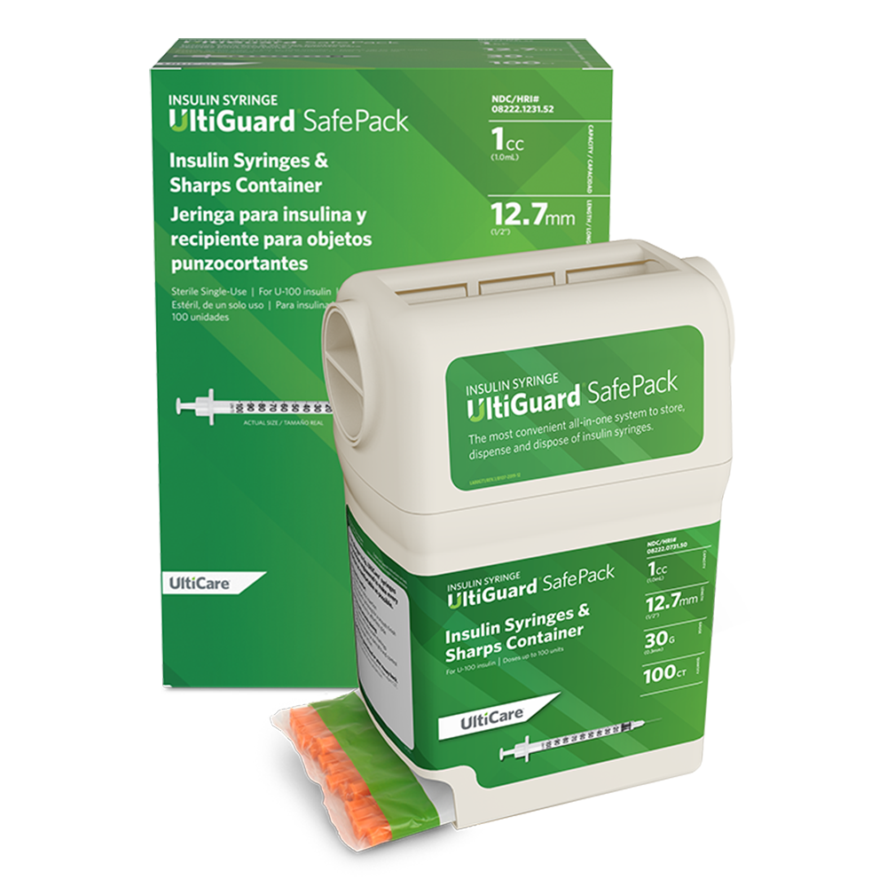UltiGuard Safe Pack Sharps Container & Mail-Back Disposal Kit U-100 Insulin Syringes 1 mL/cc 12.7mm (1/2") x 30G