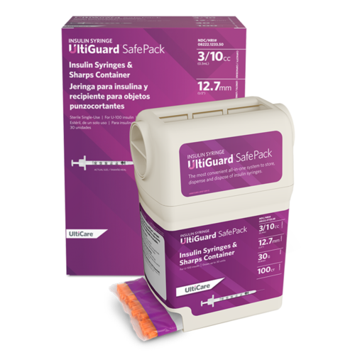 UltiGuard Safe Pack Sharps Container & Mail-Back Disposal Kit U-100 Insulin Syringes 3/10 mL/cc 12.7mm (1/2") x 30G