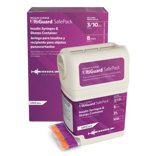 UltiGuard Safe Pack Sharps Container & Mail-Back Disposal Kit U-100 Insulin Syringes 3/10 mL/cc 8mm (5/16") x 31G