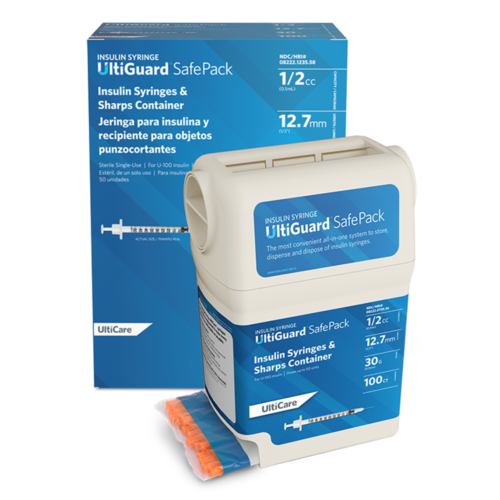 UltiGuard Safe Pack Sharps Container & Mail-Back Disposal Kit U-100 Insulin Syringes 1/2 mL/cc 12.7mm (1/2") x 30G