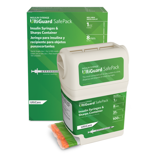 UltiGuard Safe Pack Sharps Container & Mail-Back Disposal Kit U-100 Insulin Syringes 1 mL/cc 8mm (5/16") x 31G