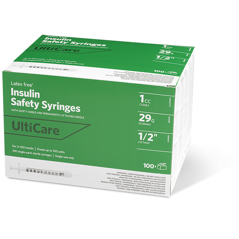 UltiCare U-100 Insulin Safety Syringes 1 mL/cc 12.7mm (1/2") x 29G