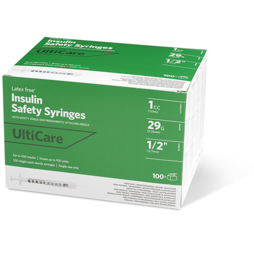 UltiCare U-100 Insulin Safety Syringes 1 mL/cc 12.7mm (1/2") x 29G