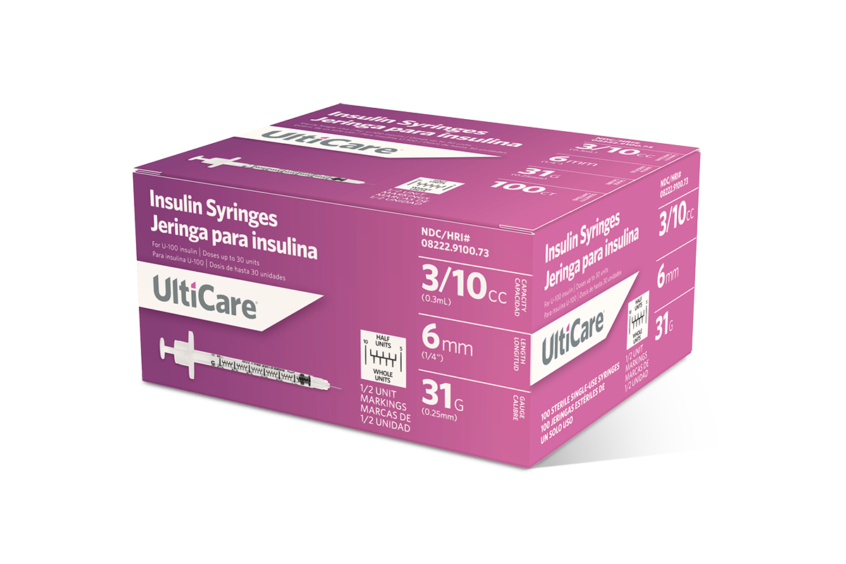 UltiCare U-100 Insulin Syringes 3/10 mL/cc 6mm (1/4") x 31G Half Unit Marking