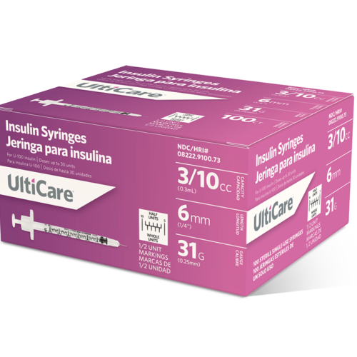 UltiCare U-100 Insulin Syringes 3/10 mL/cc 6mm (1/4") x 31G Half Unit Marking
