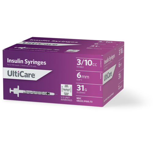 UltiCare U-100 Insulin Syringes 3/10 mL/cc 6mm (1/4") x 31G Half Unit Marking