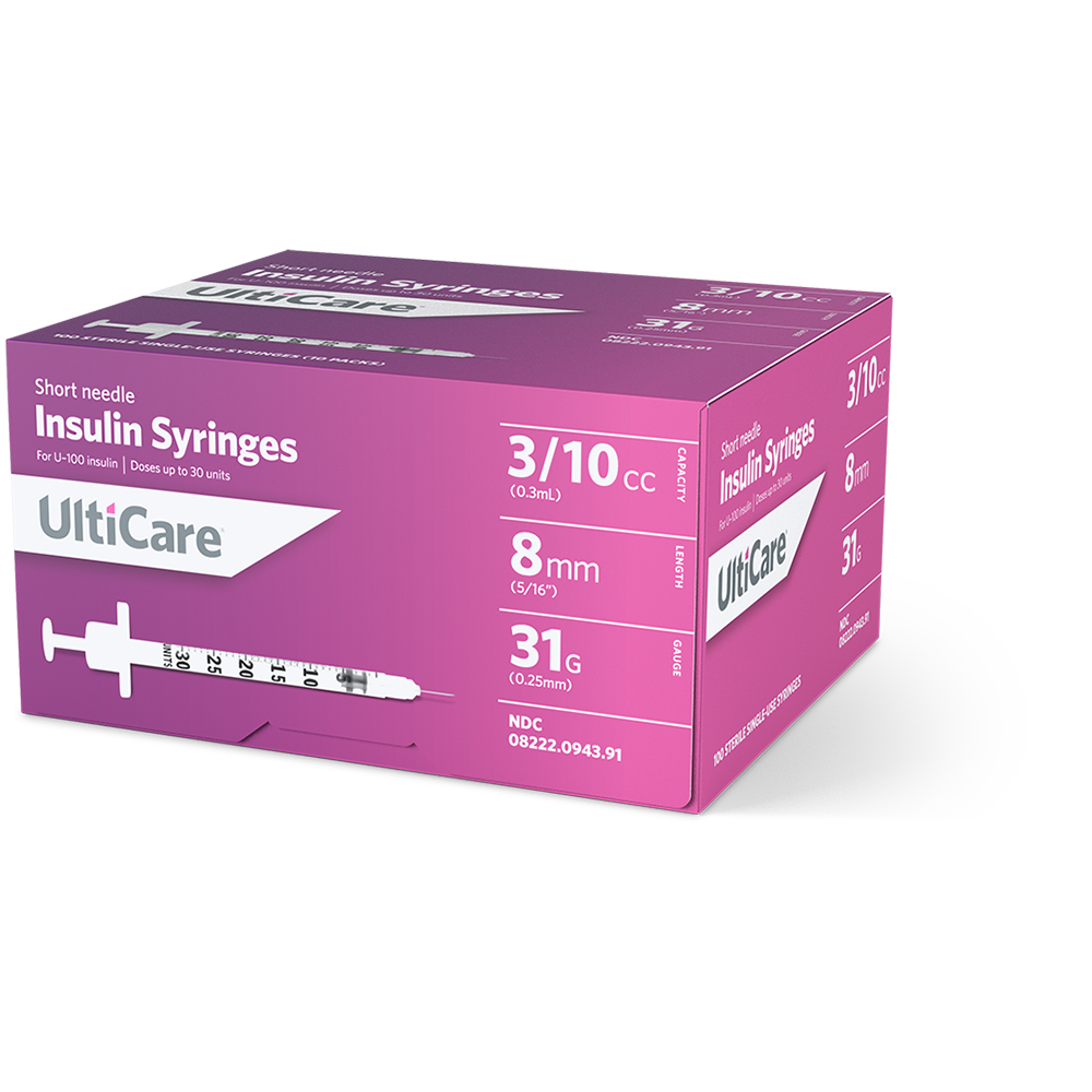 UltiCare U-100 Insulin Syringes 3/10 mL/cc 8mm (5/16") x 31G