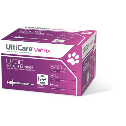 UltiCare VetRx U-100 Insulin Syringes 3/10 mL/cc 8mm (5/16") x 31G Half Unit Marking