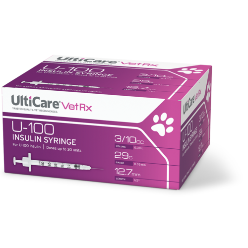 UltiCare VetRx U-100 Insulin Syringes 3/10 mL/cc 12.7mm (1/2") x 29G