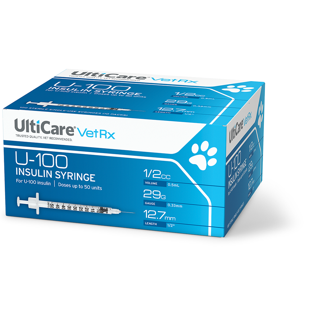 UltiCare VetRx U-100 Insulin Syringes 1/2 mL/cc 12.7mm (1/2") x 29G