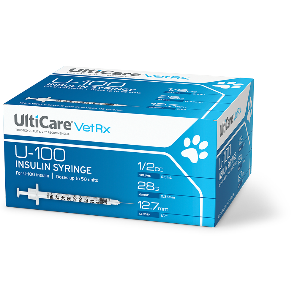 UltiCare VetRx U-100 Insulin Syringes 1/2 mL/cc 12.7mm (1/2") x 28G