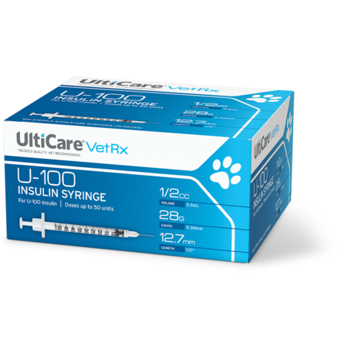 UltiCare VetRx U-100 Insulin Syringes 1/2 mL/cc 12.7mm (1/2") x 28G