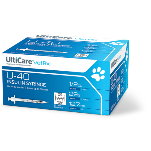 UltiCare VetRx U-40 Insulin Syringes 1/2 mL/cc 12.7mm (1/2") x 29G Half Unit Marking