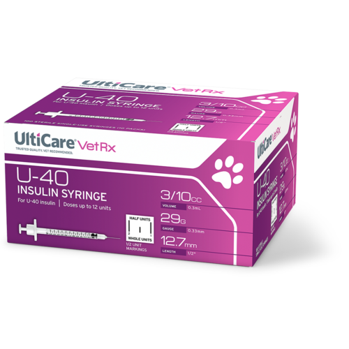 UltiCare VetRx U-40 Insulin Syringes 3/10 mL/cc 12.7mm (1/2") x 29G Half Unit Marking