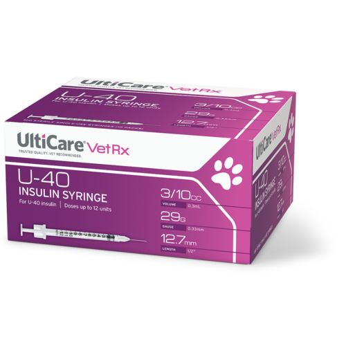 UltiCare VetRx U-40 Insulin Syringes 3/10 mL/cc 12.7mm (1/2") x 29G