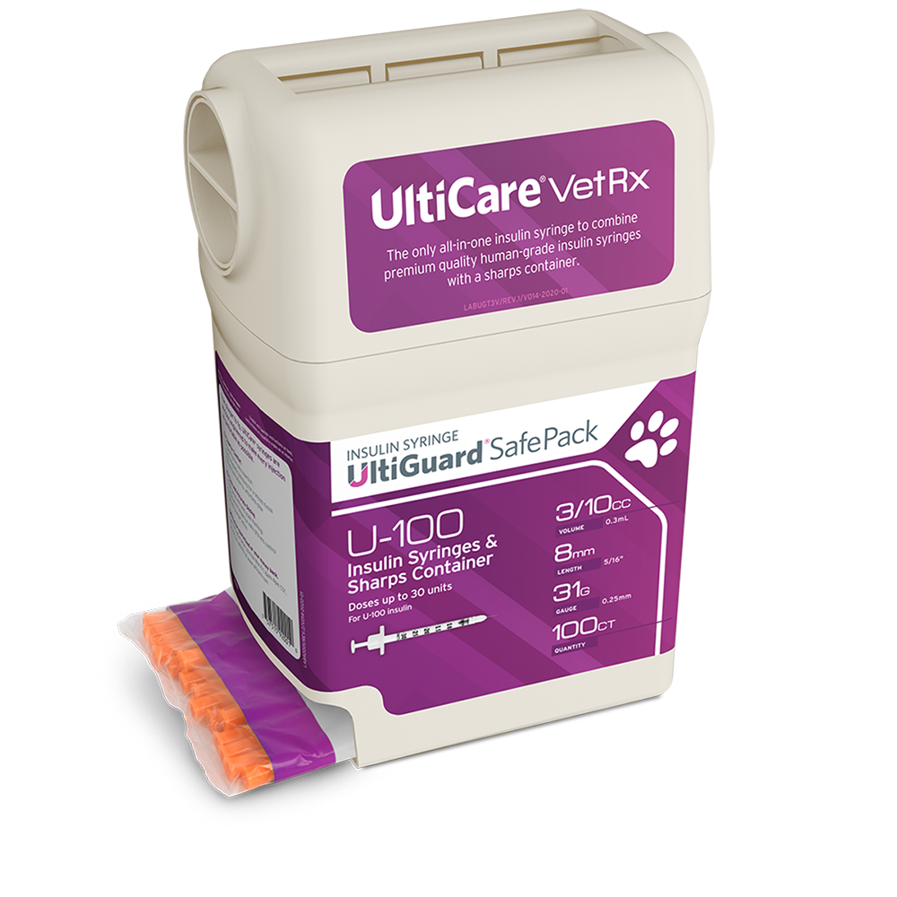 UltiCare VetRx UltiGuard Safe Pack U-100 Insulin Syringes 3/10 mL/cc 8mm (5/16") x 31G