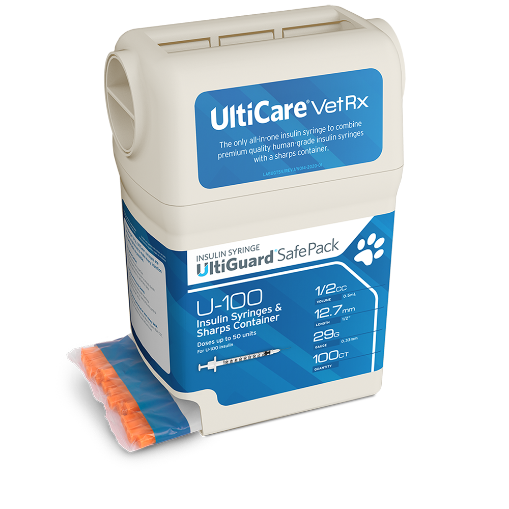 UltiCare VetRx UltiGuard Safe Pack U-100 Insulin Syringes 1/2 mL/cc 12.7mm (1/2") x 29G