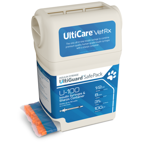 UltiCare VetRx UltiGuard Safe Pack U-100 Insulin Syringes 3/10 mL/cc 12.7mm (1/2") x 29G