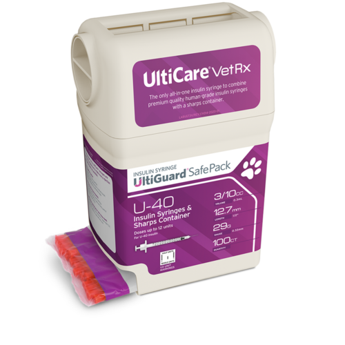 UltiCare VetRx UltiGuard Safe Pack U-40 Insulin Syringes 3/10 mL/cc 12.7mm (1/2") x 29G Half Unit Marking