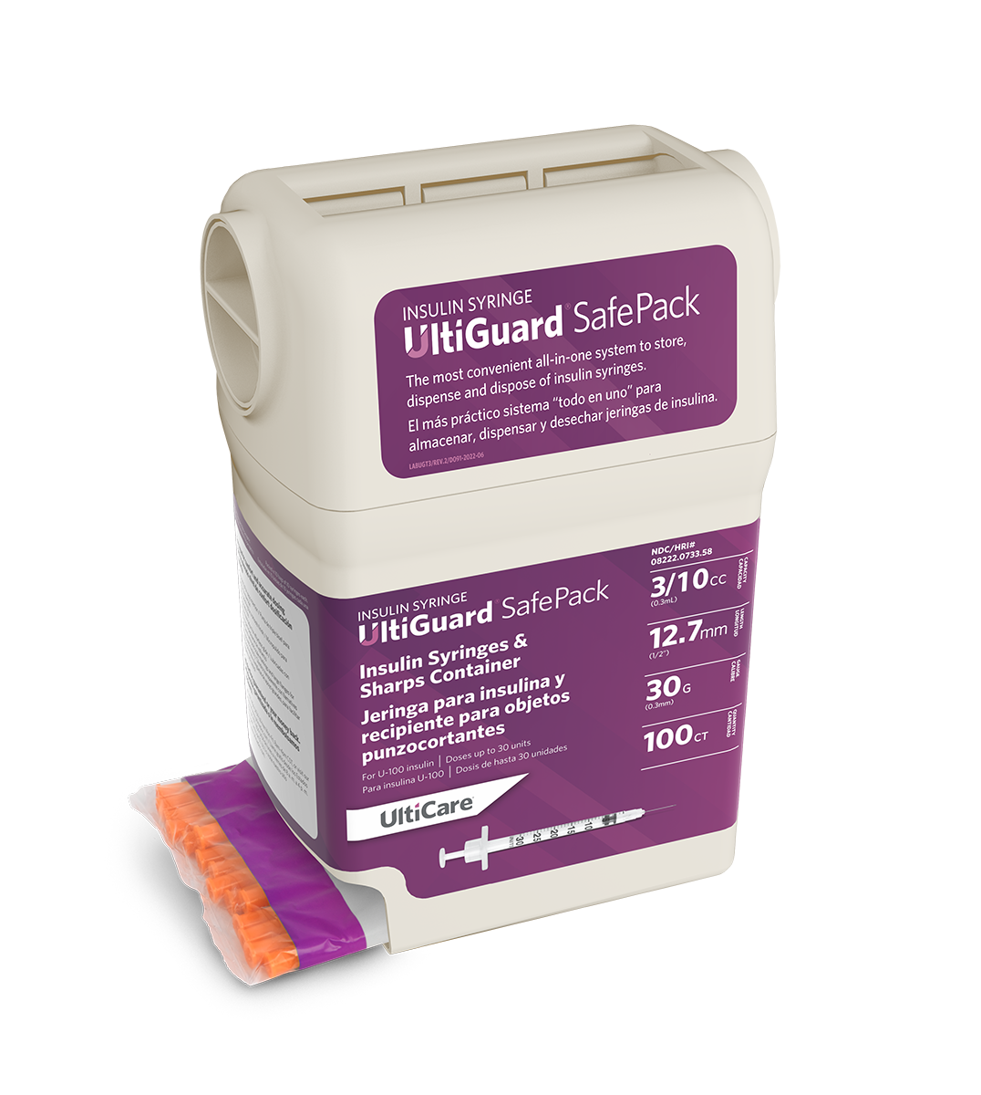 UltiGuard Safe Pack U-100 Insulin Syringes 3/10 mL/cc 12.7mm (1/2") x 30G