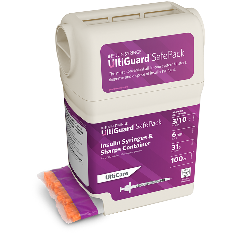 UltiGuard Safe Pack U-100 Insulin Syringes 3/10 mL/cc 6mm (1/4") x 31G Half Unit Marking