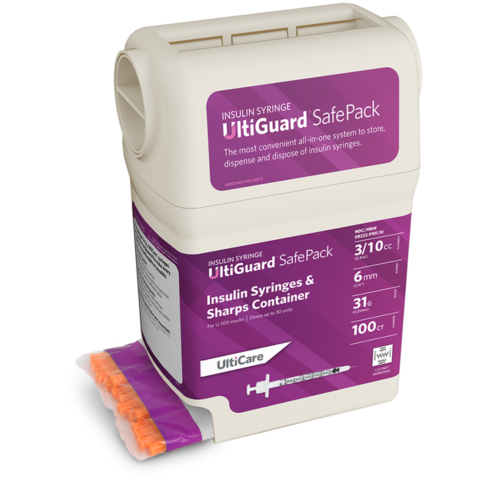 UltiGuard Safe Pack U-100 Insulin Syringes 3/10 mL/cc 6mm (1/4") x 31G Half Unit Marking