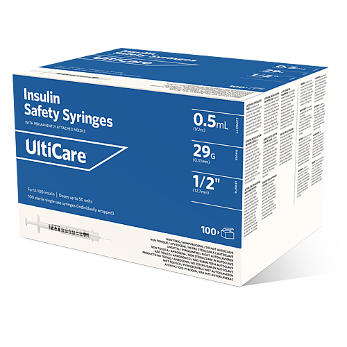 UltiCare U-100 Insulin Safety Syringes 1/2 mL/cc 12.7mm (1/2") x 29G