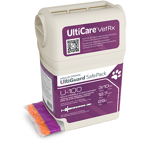 UltiCare VetRx UltiGuard Safe Pack U-100 Insulin Syringes 3/10 mL/cc 12.7mm (1/2") x 29G