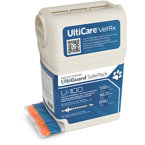 UltiCare VetRx UltiGuard Safe Pack U-100 Insulin Syringes 1/2 mL/cc 12.7mm (1/2") x 29G