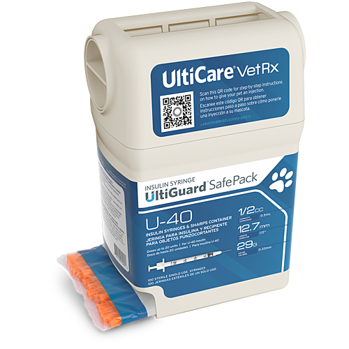 UltiCare VetRx UltiGuard Safe Pack U-40 Insulin Syringes 1/2 mL/cc 12.7mm (1/2") x 29G