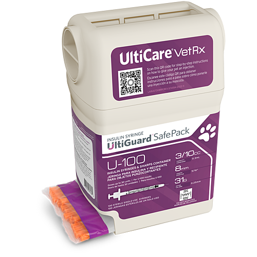 UltiCare VetRx UltiGuard Safe Pack U-100 Insulin Syringes 3/10 mL/cc 8mm (5/16") x 31G Half Unit Marking