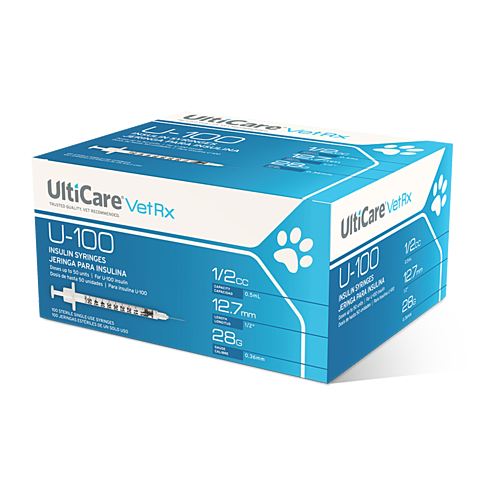 UltiCare VetRx U-100 Insulin Syringes 1/2 mL/cc 12.7mm (1/2") x 28G