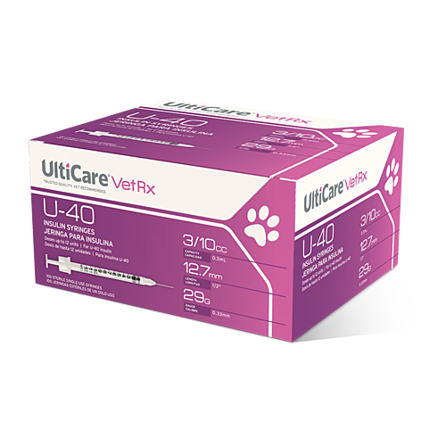 UltiCare VetRx U-40 Insulin Syringes 3/10 mL/cc 12.7mm (1/2") x 29G
