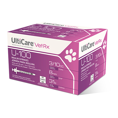 UltiCare VetRx U-100 Insulin Syringes 3/10 mL/cc 8mm (5/16") x 31G Half Unit Marking