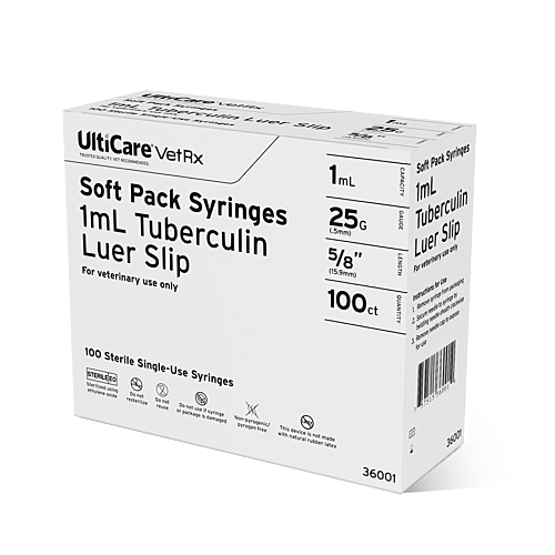 UltiCare VetRx Soft Pack Syringe with Needle 1mL x 25 x 15.5mm (5/8") Luer Slip Tuberculin