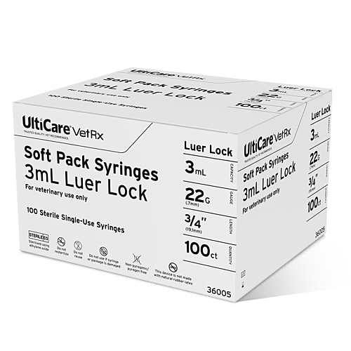 UltiCare VetRx Soft Pack Syringe with Needle 3mL x 22G x 19.5mm (3/4") Luer Lock