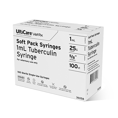 UltiCare VetRx Soft Pack Syringe with Needle 1mL x 25G x 15.9mm (5/8") Tuberculin