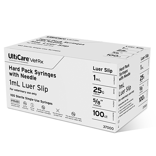 UltiCare VetRx Hard Pack Syringe with Needle 1mL x 25G x 15.9mm (5/8") Luer Slip