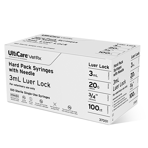 UltiCare VetRx Hard Pack Syringe with Needle 3mL x 20G x 19.5mm (3/4") Luer Lock