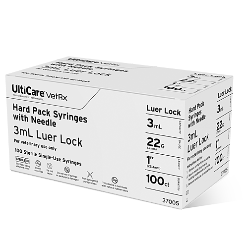 UltiCare VetRx Hard Pack Syringe with Needle 3mL x 22G x 25.4mm (1") Luer Lock