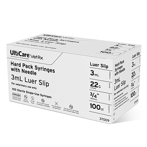 UltiCare VetRx Hard Pack Syringe with Needle 3mL x 22G x 19.5mm (3/4") Luer Slip