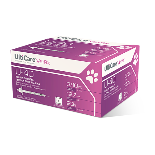 UltiCare VetRx U-40 Insulin Syringes 3/10 mL/cc 12.7mm (1/2") x 29G Half Unit Marking