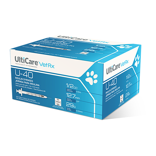 UltiCare VetRx U-40 Insulin Syringes 1/2 mL/cc 12.7mm (1/2") x 29G Half Unit Marking