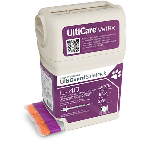 UltiCare VetRx UltiGuard Safe Pack U-40 Insulin Syringes 3/10 mL/cc 12.7mm (1/2") x 29G Half Unit Marking